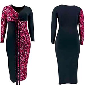 Size XL Women’s Pink Leopard Black Printed Long Sleeve Long Dress V-neck